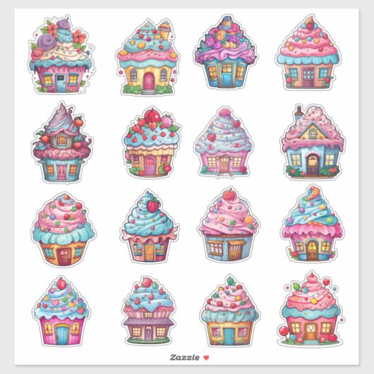 Cupcake Huis 16 Pack Sticker (Vel)