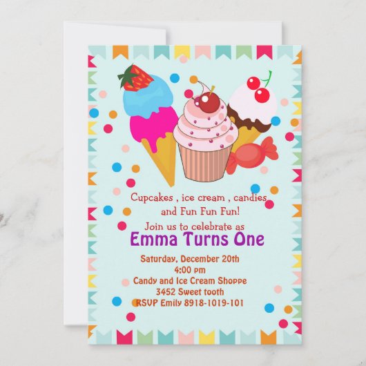 Cupcake icecream snoep verjaardagsfeest kaart (Voorkant)