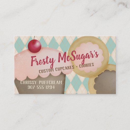 Cupcake koekjes retro argyle visitekaartje (Voorkant)