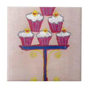 Cupcake-kunstprint met kers en roze achtergrond tegeltje