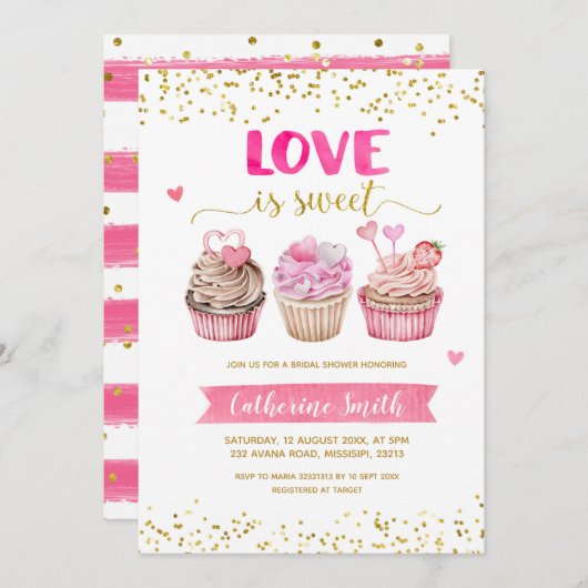 Cupcake Love is Sweet Bridal Shower Invitation Kaart (Voorkant / Achterkant)