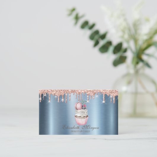 Cupcake Macaroon Glitter Drift Blue Metallic Visitekaartje (Staand voorkant)