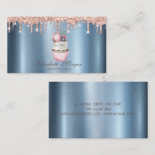 Cupcake Macaroon Glitterdruppels Blauw Metaal Visitekaartje (Voorkant / Achterkant)