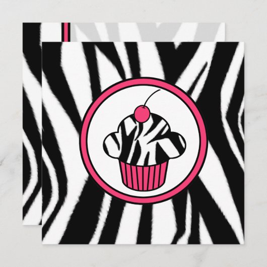 Cupcake met Cherry Invitation - Zebra Print /Pink Kaart (Voorkant / Achterkant)