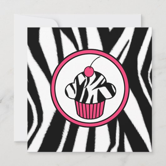 Cupcake met Cherry Invitation - Zebra Print /Pink Kaart (Voorkant)