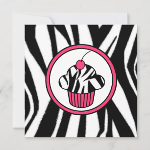 Cupcake met Cherry Invitation - Zebra Print /Pink Kaart