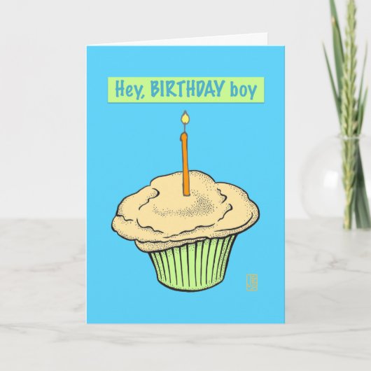 Cupcake met kaars "Hey, Birthday Boy" Kaart (Voorkant)