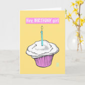 Cupcake met kaars "Hey, Verjaardagsmeisje" Kaart (Gele Bloem)