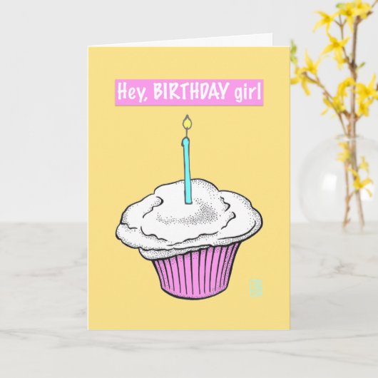 Cupcake met kaars "Hey, Verjaardagsmeisje" Kaart (Gele Bloem)