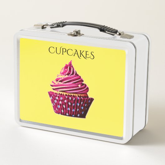 Cupcake metalen lunchbox / wit en geel. (Voorkant)