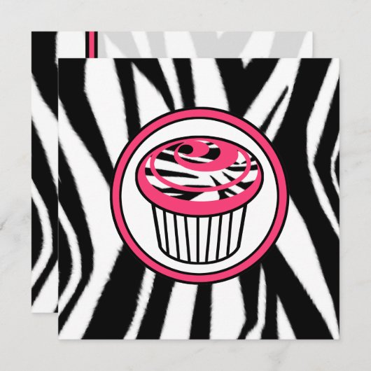 Cupcake Mode Uitnodiging - Zebra Print / Roze (Voorkant / Achterkant)