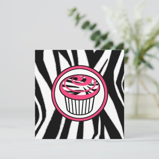 Cupcake Mode Uitnodiging - Zebra Print / Roze (Staand voorkant)