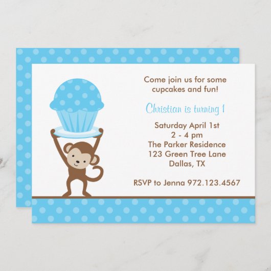 Cupcake Monkey Birthday-uitnodigingen Kaart (Voorkant / Achterkant)