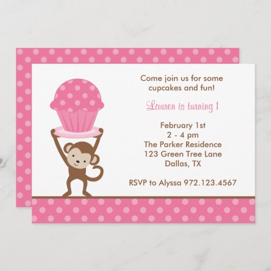 Cupcake Monkey Birthday-uitnodigingen Kaart (Voorkant / Achterkant)