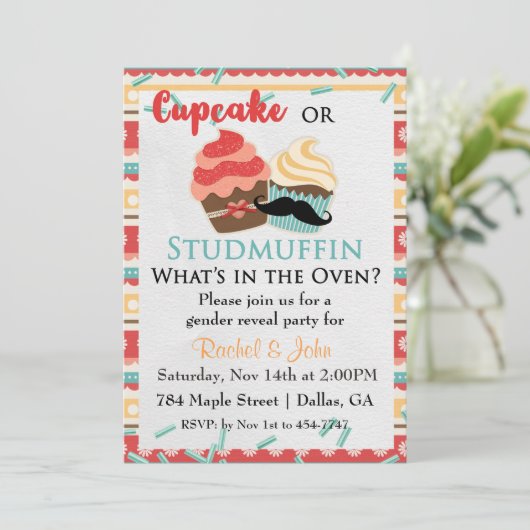 Cupcake of Stud Muffin Baby shower Invitation Kaart (Staand voorkant)