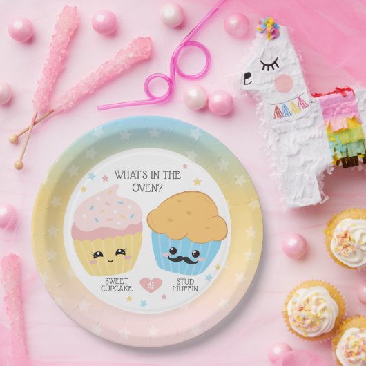 Cupcake of Stud Muffin Gender onthullen Papieren Bordje (Feest)