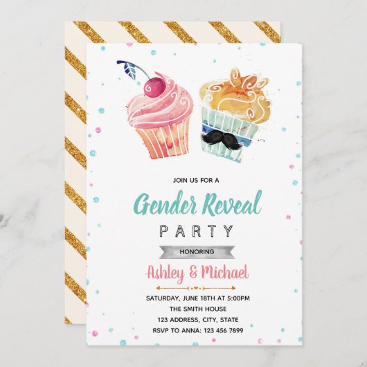 Cupcake of stud muffin gender onthullen uitnodigin kaart (Voorkant / Achterkant)