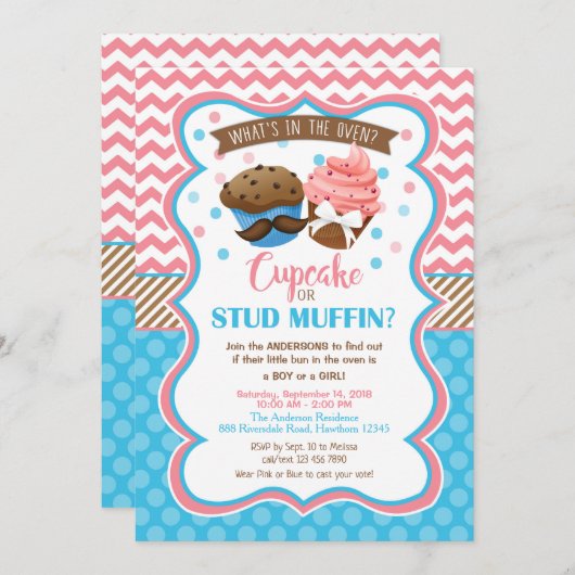 Cupcake of Stud Muffin Gender Reopenbaarmakingsuit Kaart (Voorkant / Achterkant)