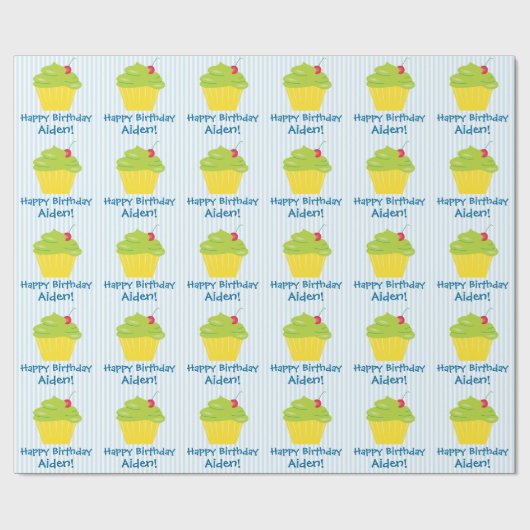 Cupcake on Blue Stripes Child Birthday Cadeaupapier (Vlak)