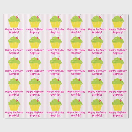 Cupcake on Pink Stripes Child Birthday Cadeaupapier (Vlak)
