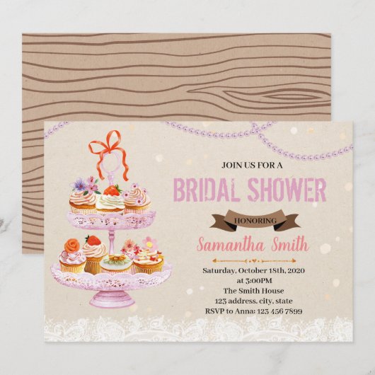 Cupcake op stand bruids douche uitnodiging (Voorkant / Achterkant)