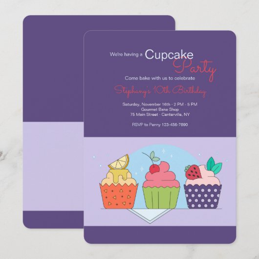 Cupcake Party Birthday Invitation Kaart (Voorkant / Achterkant)