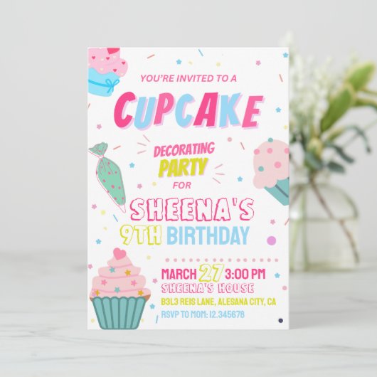 Cupcake Party Decoreren Verjaardag Uitnodiging (Staand voorkant)
