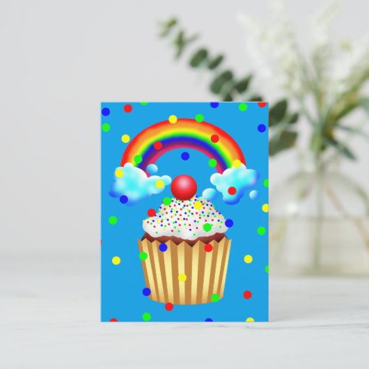 Cupcake party met regenboog en springen uitnodiging briefkaart (Staand voorkant)