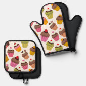 Cupcake patroon, Muffin patroon, Chocolade, Harten Ovenwant & Pannenlap Set (Voorkant / Achterkant)