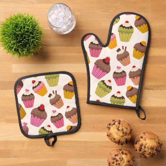 Cupcake patroon, Muffin patroon, Chocolade, Harten Ovenwant & Pannenlap Set (Top down)