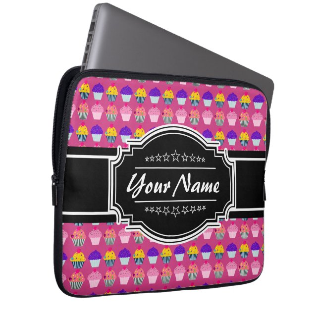 Cupcake Pattern Black Persoonlijke naam Laptop Sleeve (Voorkant Rechts)