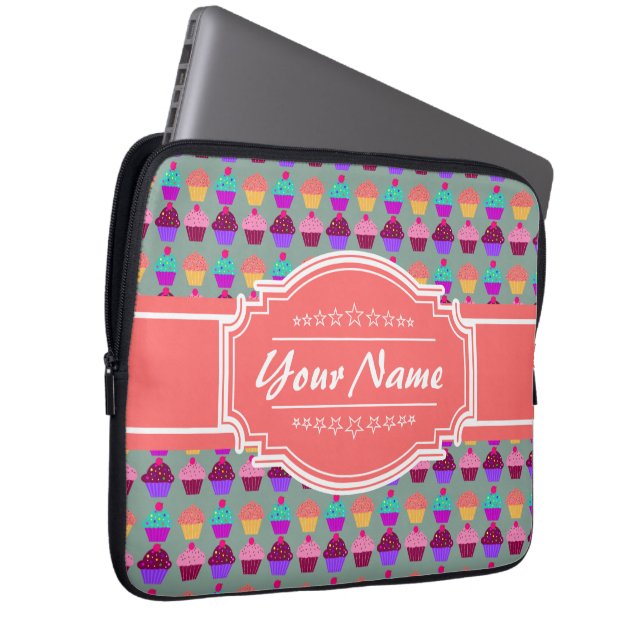 Cupcake Pattern Coral Persoonlijke naam Laptop Sleeve (Voorkant Rechts)
