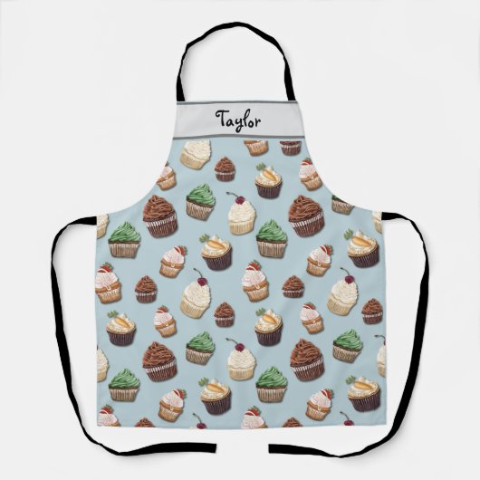 Cupcake Pattern Toevoegen Jouw naam Steel Blue Bak Schort (Voorkant)