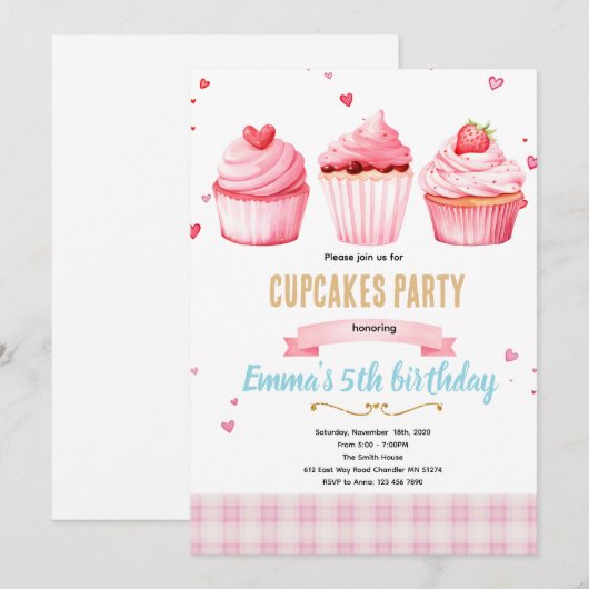 Cupcake pink party theme invitation kaart (Voorkant / Achterkant)