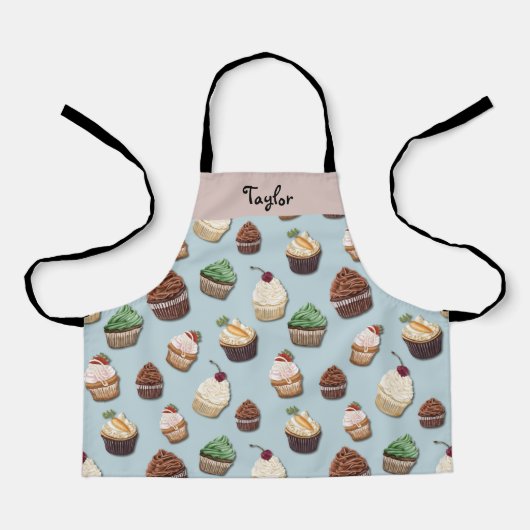 Cupcake Print Voeg Jouw naam Steel Blue Bakery Schort (Voorkant)