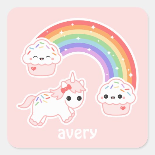 Cupcake Rainbow Unicorn Vierkante Sticker (Voorkant)