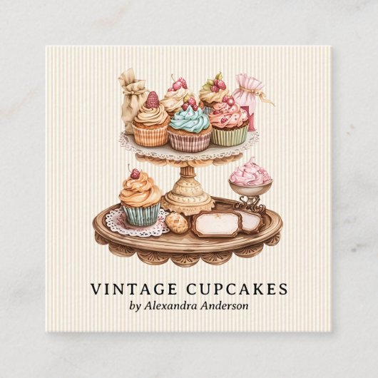  cupcake retro bakkerij vierkante visitekaartje (Voorkant)