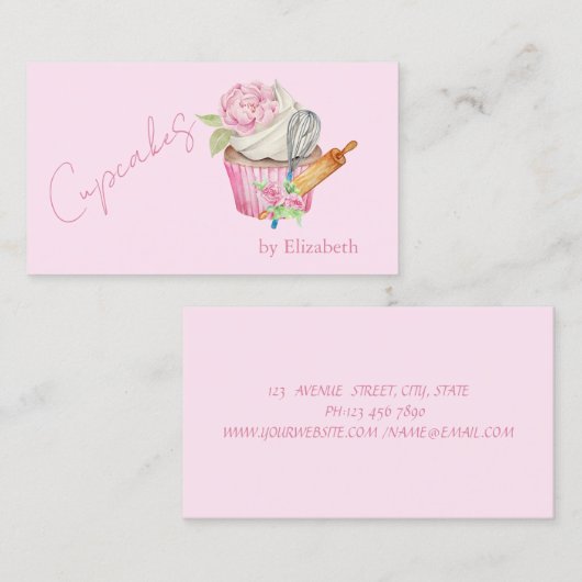 Cupcake, Rolling Pin, Whisk, Bloemen Visitekaartje (Voorkant / Achterkant)