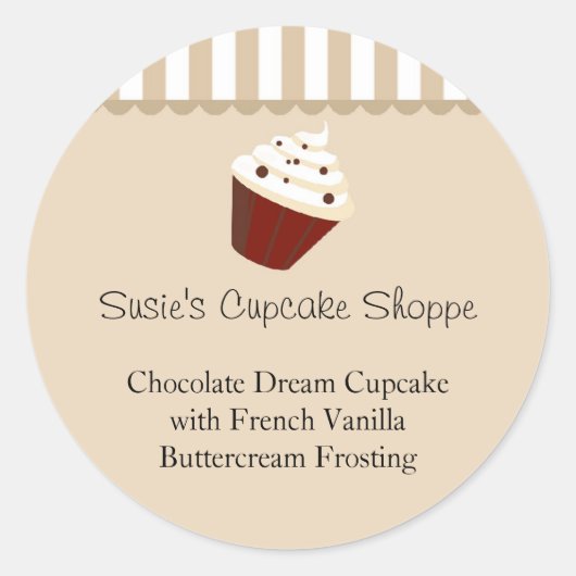 Cupcake rond productlabel, zachte mokka strepen ronde sticker (Voorkant)