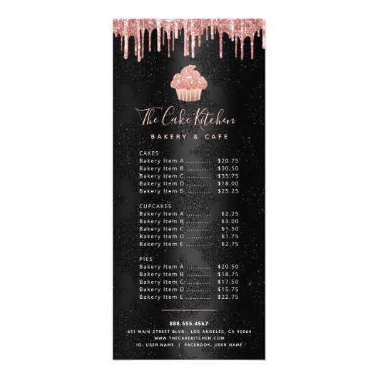 Cupcake Roos Gold Glitter Bakery Chef Black Menu (Voorkant)