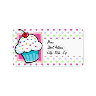 Cupcake, roze, blauw, groen, pooldots etiket