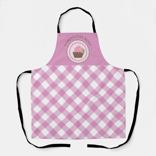 Cupcake Roze en Wit Plaid Custom Name Schort (Voorkant)