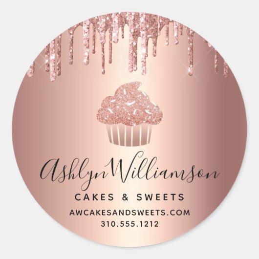 Cupcake Roze Goud Drips Script Banketbakker Bakker Ronde Sticker (Voorkant)