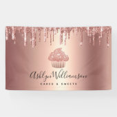 Cupcake Roze Goud Glitter Druppels Bakkerij Gebak Spandoek (Horizontaal)