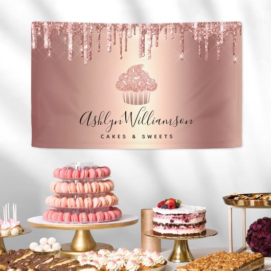 Cupcake Roze Goud Glitter Druppels Bakkerij Gebak Spandoek
