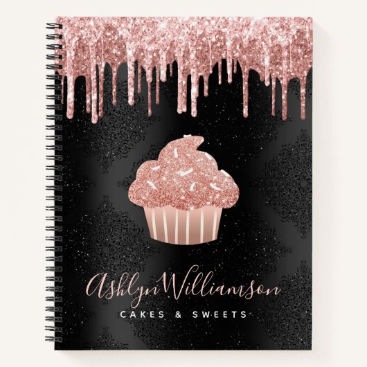 Cupcake Roze Goud Glitter Druppels Zwart Backen Ch Notitieboek (Voorkant)