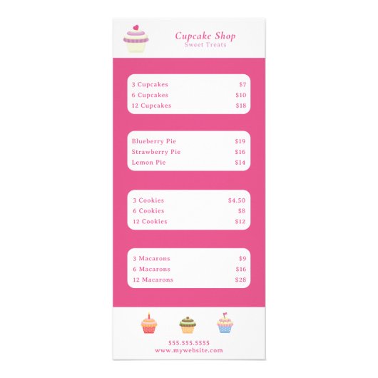 Cupcake Roze menu & Kaart voor prijslijst (Voorkant)