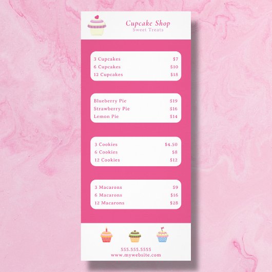 Cupcake Roze Menu & Prijslijst Rack Card