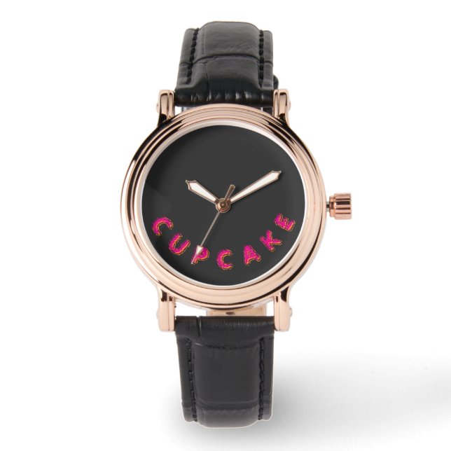 Cupcake Roze Tekst Aangepast Zwart  Horloge (Voorkant)