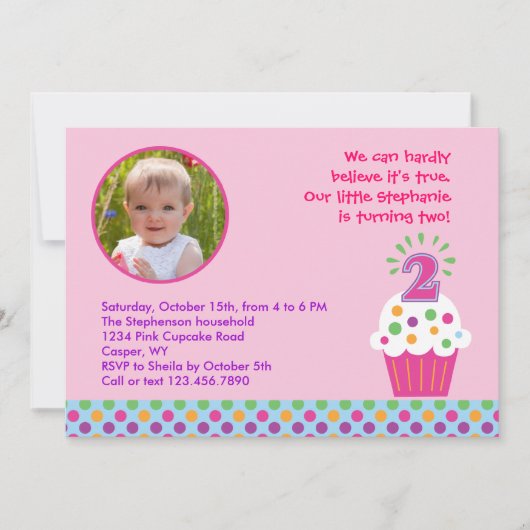 Cupcake Second Birthday Party Photo Invitation Kaart (Voorkant)